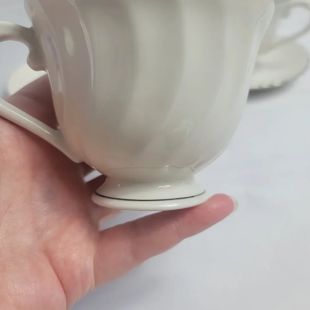 TWO Syracuse China Wedding Ring Cup & Saucer Sets White with Platinum Trim
